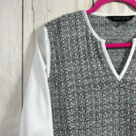 Ming Wang Tweed Knit Shift Dress with White Sleeves Size L Classic Workwear - Picture 3 of 16
